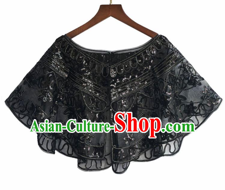 Top Professional Latin Dance Sequins Black Blouse Modern Dance Cloak Stage Performance Costume for Women