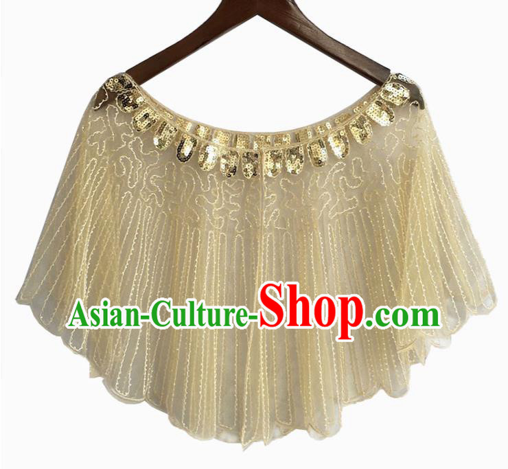 Top Professional Latin Dance Sequins Beige Blouse Modern Dance Cloak Stage Performance Costume for Women