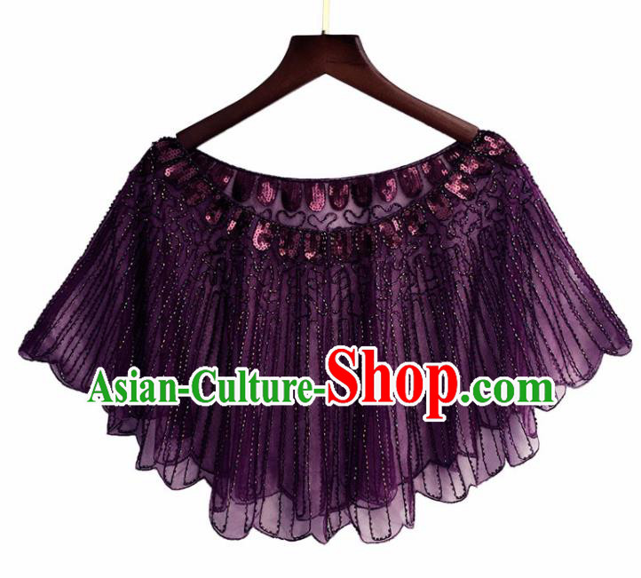 Top Professional Latin Dance Sequins Purple Blouse Modern Dance Cloak Stage Performance Costume for Women