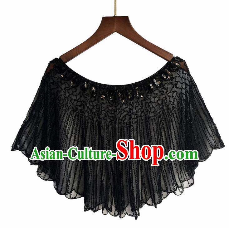 Top Professional Latin Dance Sequins Black Blouse Modern Dance Cloak Stage Performance Costume for Women