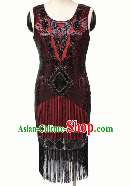 Top Professional Latin Dance Sequins Tassel Red Short Dress Modern Dance Stage Performance Costume for Women