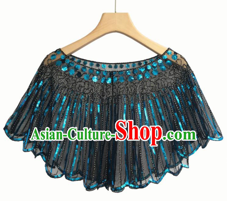 Top Professional Latin Dance Blue Sequins Cloak Modern Dance Blouse Stage Performance Costume for Women