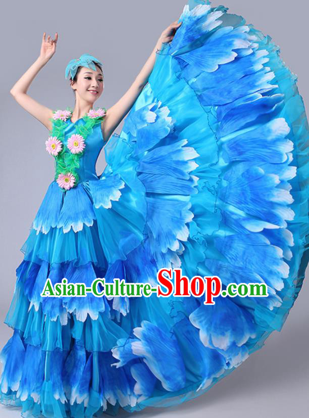 Chinese Traditional Peony Dance Fan Dance Blue Dress Classical Dance Stage Performance Costume for Women