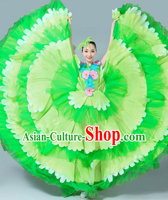 Chinese Traditional Peony Dance Fan Dance Green Dress Classical Dance Stage Performance Costume for Women