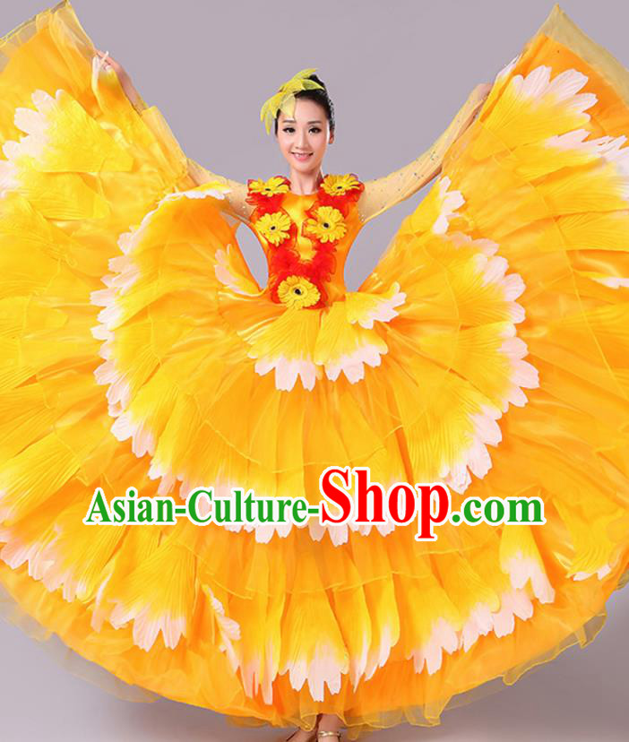 Chinese Traditional Peony Dance Fan Dance Orange Dress Classical Dance Stage Performance Costume for Women