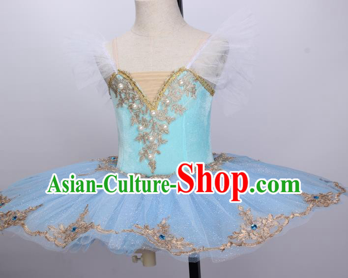 Professional Ballet Dance Tutu Blue Veil Short Dress Modern Dance Ballerina Stage Performance Costume for Kids