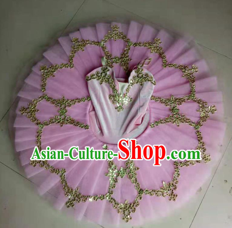 Professional Ballet Dance Tutu Sequins Pink Short Dress Modern Dance Ballerina Stage Performance Costume for Kids