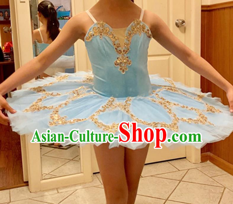 Professional Ballet Dance Tutu Sequins Blue Short Dress Modern Dance Ballerina Stage Performance Costume for Kids