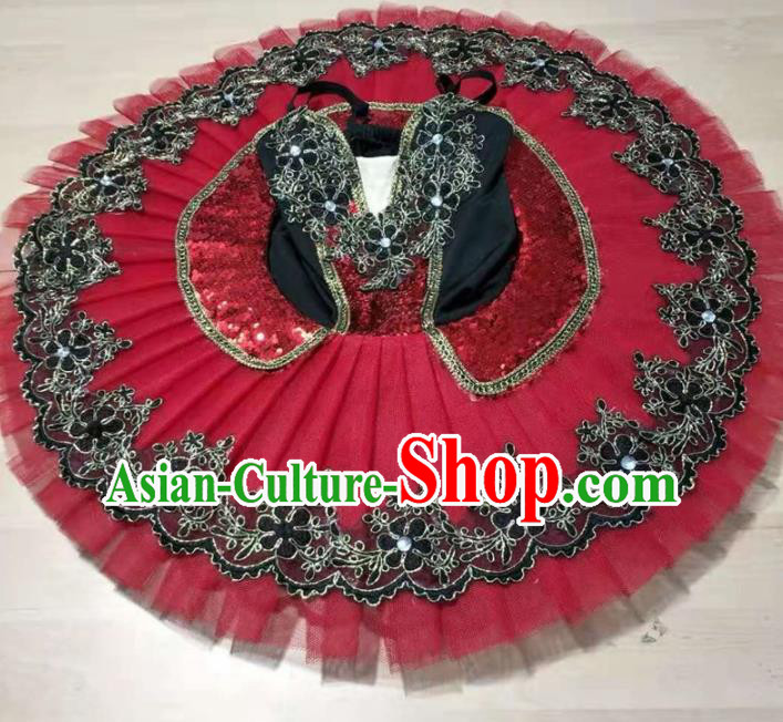 Professional Ballet Dance Tutu Embroidered Red Short Dress Modern Dance Ballerina Stage Performance Costume for Kids