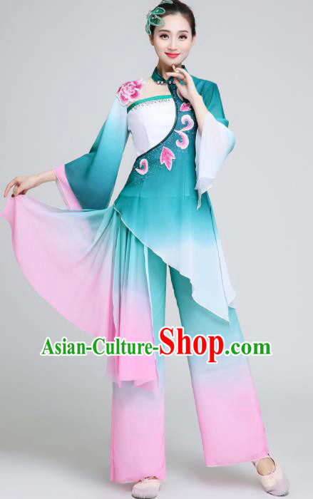 Chinese Traditional Classical Dance Fan Dance Green Outfits Umbrella Dance Stage Performance Costume for Women