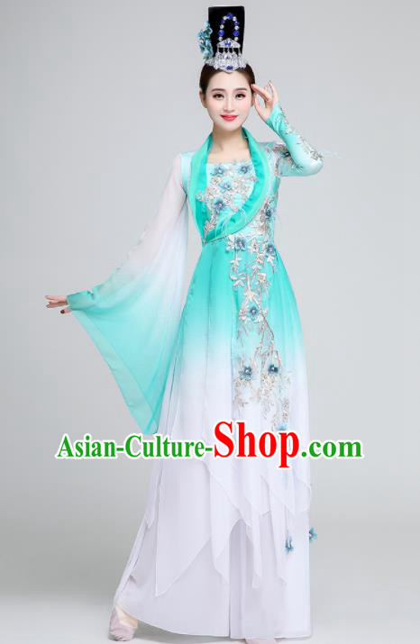 Chinese Traditional Classical Dance Fan Dance Green Dress Umbrella Dance Stage Performance Costume for Women