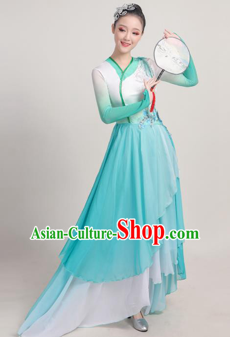 Chinese Traditional Umbrella Dance Fan Dance Green Dress Classical Dance Stage Performance Costume for Women