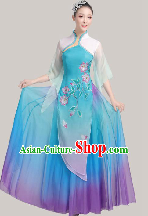 Chinese Traditional Umbrella Dance Fan Dance Blue Dress Classical Dance Stage Performance Costume for Women