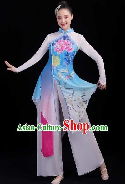 Chinese Traditional Umbrella Dance Fan Dance Printing Peony Dress Classical Dance Stage Performance Costume for Women