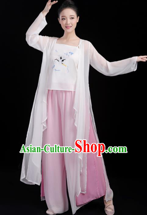 Chinese Traditional Classical Dance Fan Dance White Outfits Stage Performance Costume for Women