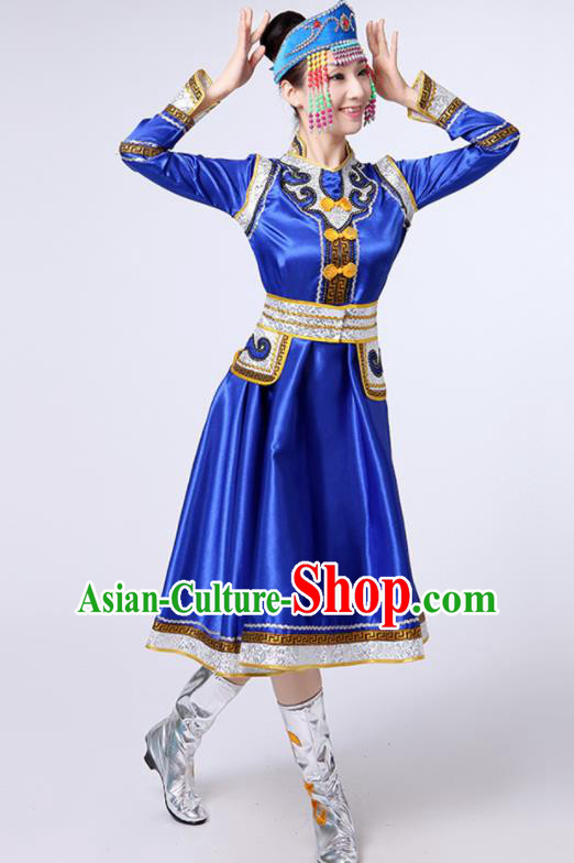 Chinese Traditional Mongol Nationality Stage Show Royalblue Short Dress Mongolian Ethnic Folk Dance Costume for Women