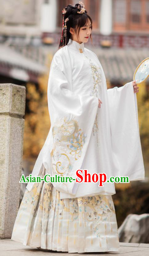Chinese Traditional Ming Dynasty Royal Princess White Brocade Blouse and Skirt Ancient Palace Lady Costumes for Women