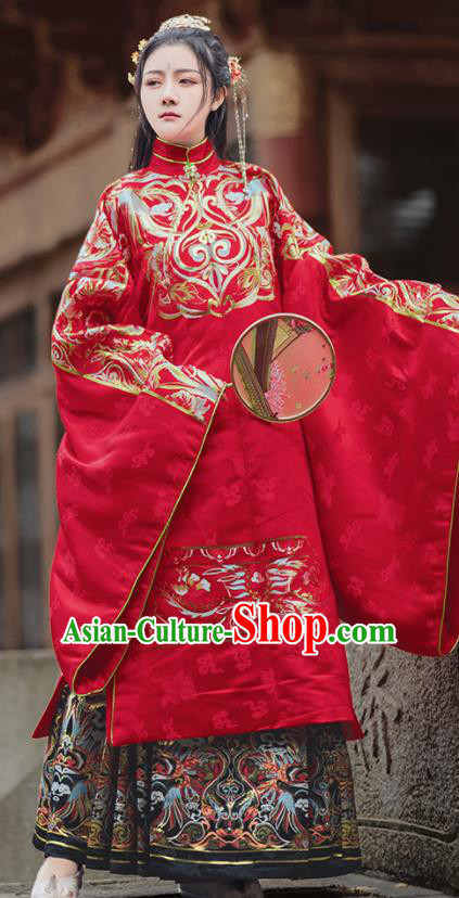 Chinese Traditional Wedding Red Brocade Blouse and Skirt Ancient Ming Dynasty Princess Costumes for Women