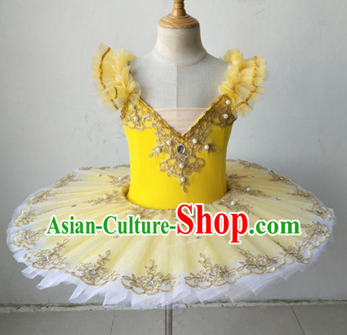 Professional Ballet Dance Tutu Yellow Bubble Short Dress Modern Dance Ballerina Stage Performance Costume for Kids