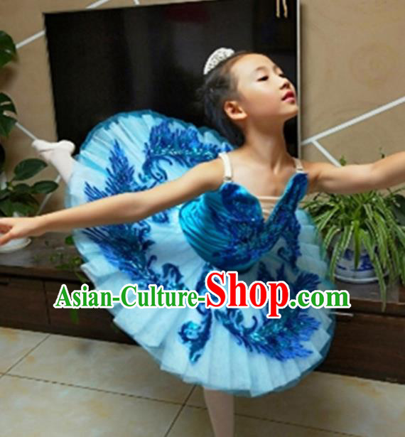 Professional Ballet Dance Blue Tutu Short Dress Modern Dance Ballerina Stage Performance Costume for Kids