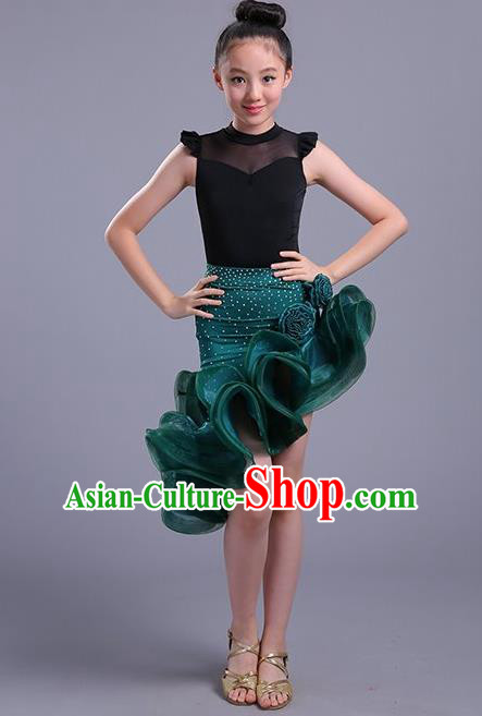 Top Professional Latin Dance Green Dress Modern Dance Stage Performance Costume for Kids