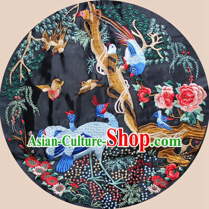 Chinese Traditional Embroidered Peacock Peony Black Round Patch Embroidery Craft Embroidering Accessories