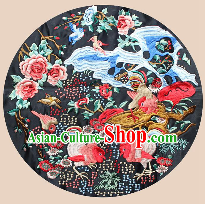 Chinese Traditional Embroidered Pheasant Peony Black Round Patch Embroidery Craft Embroidering Accessories