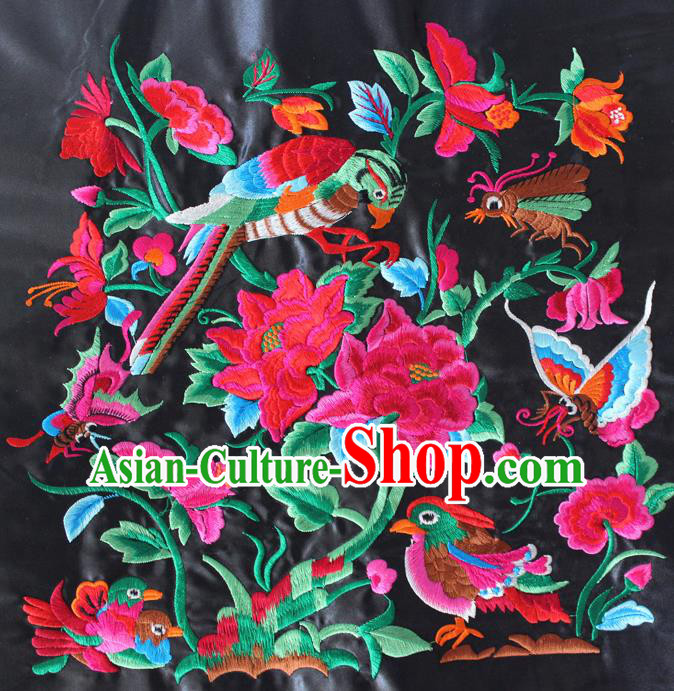 Chinese Traditional Embroidered Flowers Bird Black Applique Embroidery Patch Embroidery Craft Accessories