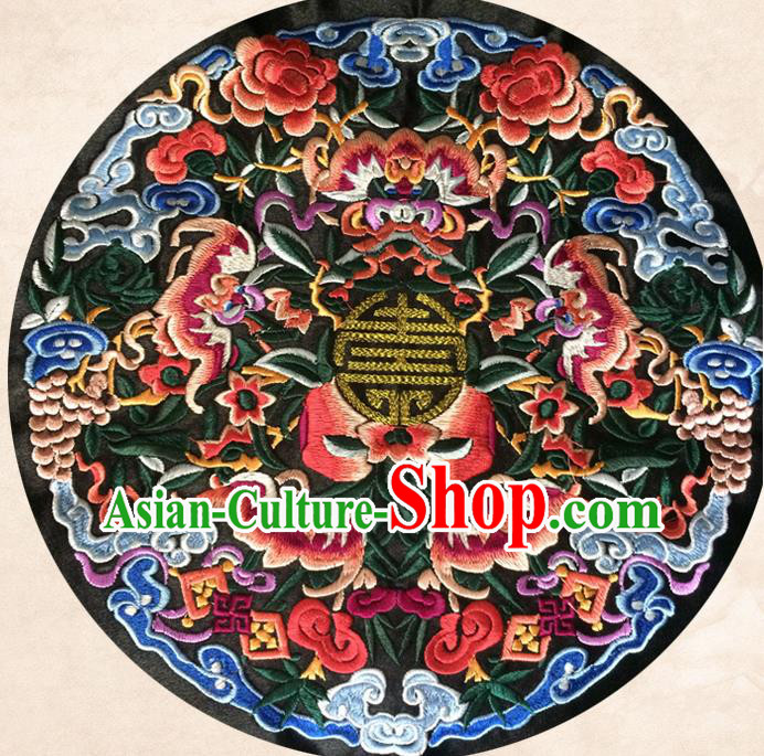 Chinese Traditional Embroidered Bats Black Round Applique Embroidery Patch Embroidery Craft Accessories