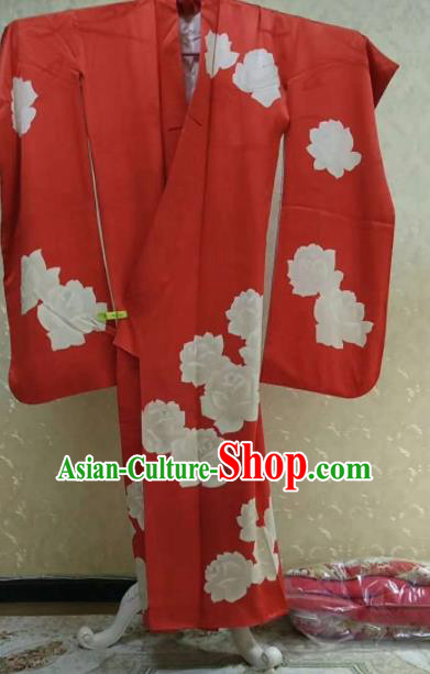 Traditional Japan Geisha Printing Camellia Red Furisode Kimono Asian Japanese Fashion Apparel Costume for Women