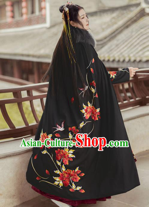 Chinese Traditional Ming Dynasty Hanfu Embroidered Peony Black Cloak Ancient Royal Princess Cape Costumes for Women