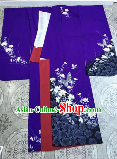 Traditional Asian Japan Geisha Clothing Japanese Fashion Apparel Printing Butterfly Purple Furisode Kimono Costume for Women