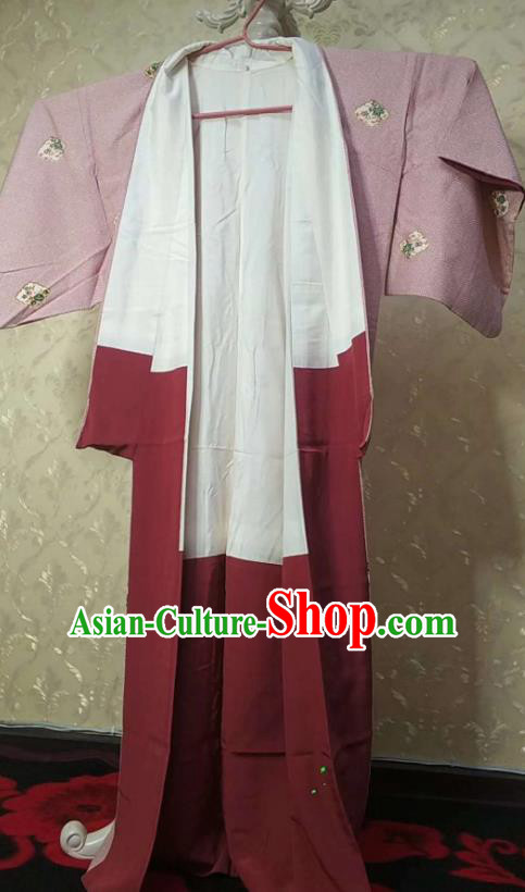 Traditional Japan Geisha Printing Light Pink Furisode Kimono Asian Japanese Fashion Apparel Costume for Women