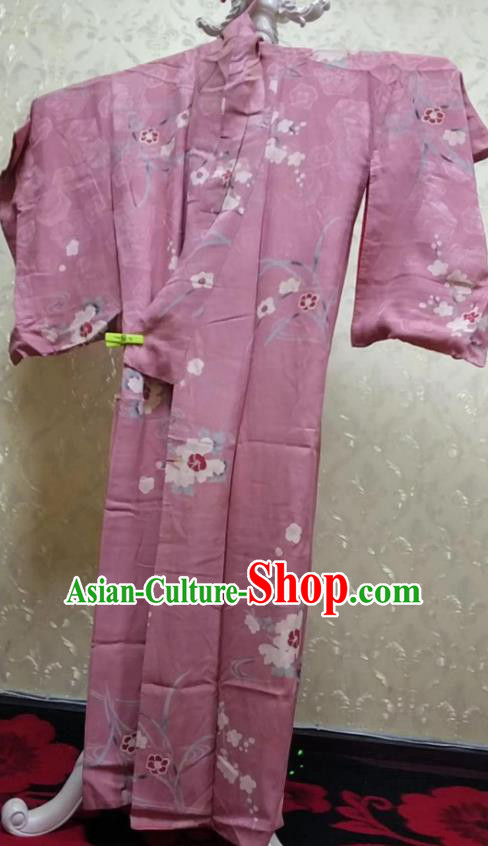 Traditional Japan Geisha Printing Plum Blossom Pink Furisode Kimono Asian Japanese Fashion Apparel Costume for Women