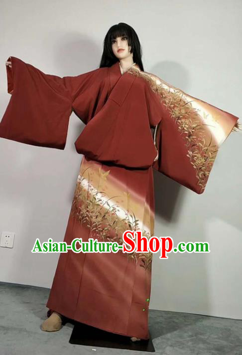 Traditional Japan Geisha Printing Orchid Purplish Red Furisode Kimono Asian Japanese Fashion Apparel Costume for Women