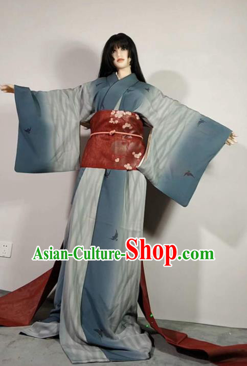 Traditional Japan Geisha Printing Crane Blue Furisode Kimono Asian Japanese Fashion Apparel Costume for Women