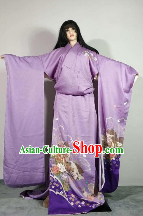 Traditional Japan Geisha Printing Peony Purple Brocade Furisode Kimono Asian Japanese Fashion Apparel Costume for Women