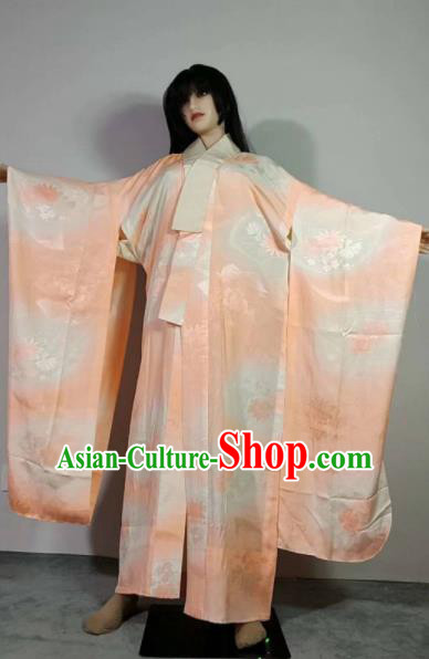 Traditional Japan Geisha Printing Peony Orange Brocade Furisode Kimono Asian Japanese Fashion Apparel Costume for Women