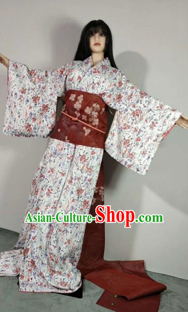 Traditional Japan Geisha Printing Wisteria White Furisode Kimono Asian Japanese Fashion Apparel Costume for Women