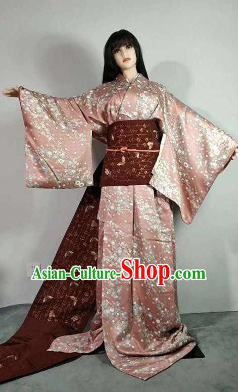 Traditional Japan Geisha Printing Chrysanthemum Pink Brocade Furisode Kimono Asian Japanese Fashion Apparel Costume for Women