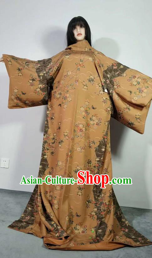 Traditional Japan Geisha Printing Chrysanthemum Ginger Furisode Kimono Asian Japanese Fashion Apparel Costume for Women