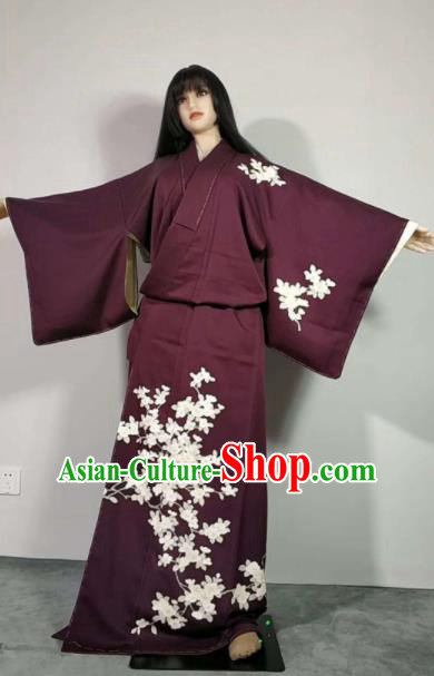 Traditional Japan Geisha Printing Deep Purple Furisode Kimono Asian Japanese Fashion Apparel Costume for Women