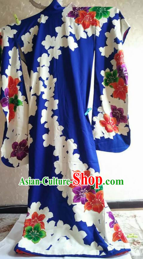 Traditional Japan Geisha Printing Flowers Royalblue Furisode Kimono Asian Japanese Fashion Apparel Costume for Women