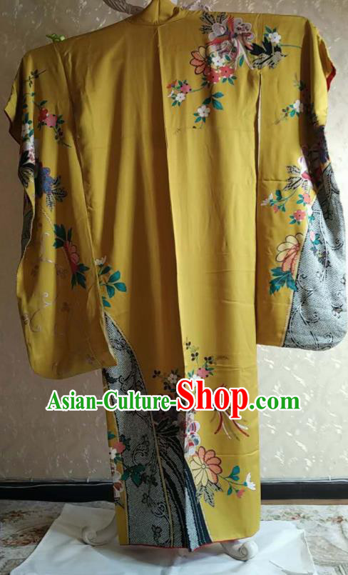 Traditional Japan Geisha Printing Phoenix Yellow Silk Furisode Kimono Asian Japanese Fashion Apparel Costume for Women