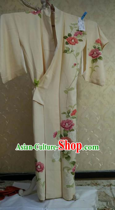 Traditional Japan Geisha Printing Camellia White Silk Furisode Kimono Asian Japanese Fashion Apparel Costume for Women