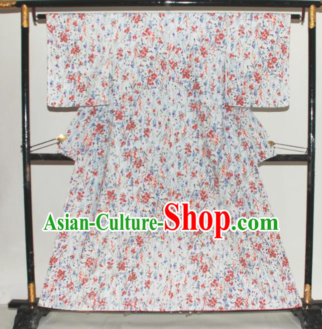 Traditional Japan Geisha Printing Primrose White Furisode Kimono Asian Japanese Fashion Apparel Costume for Women