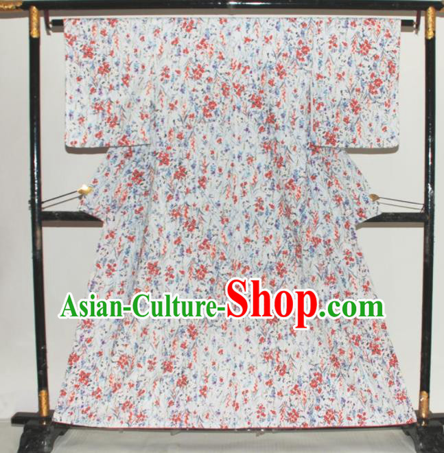 Traditional Japan Geisha Printing Primrose White Furisode Kimono Asian Japanese Fashion Apparel Costume for Women