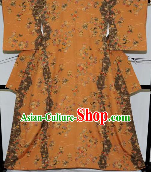 Traditional Japan Geisha Printing Ginger Furisode Kimono Asian Japanese Fashion Apparel Costume for Women