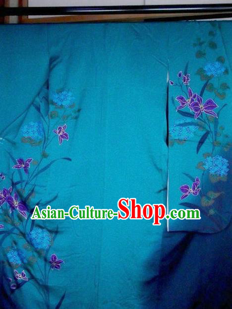 Traditional Japan Geisha Printing Orchid Blue Silk Furisode Kimono Asian Japanese Fashion Apparel Costume for Women