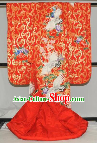 Traditional Japan Geisha Printing Crane Plum Red Silk Furisode Kimono Asian Japanese Fashion Apparel Costume for Women